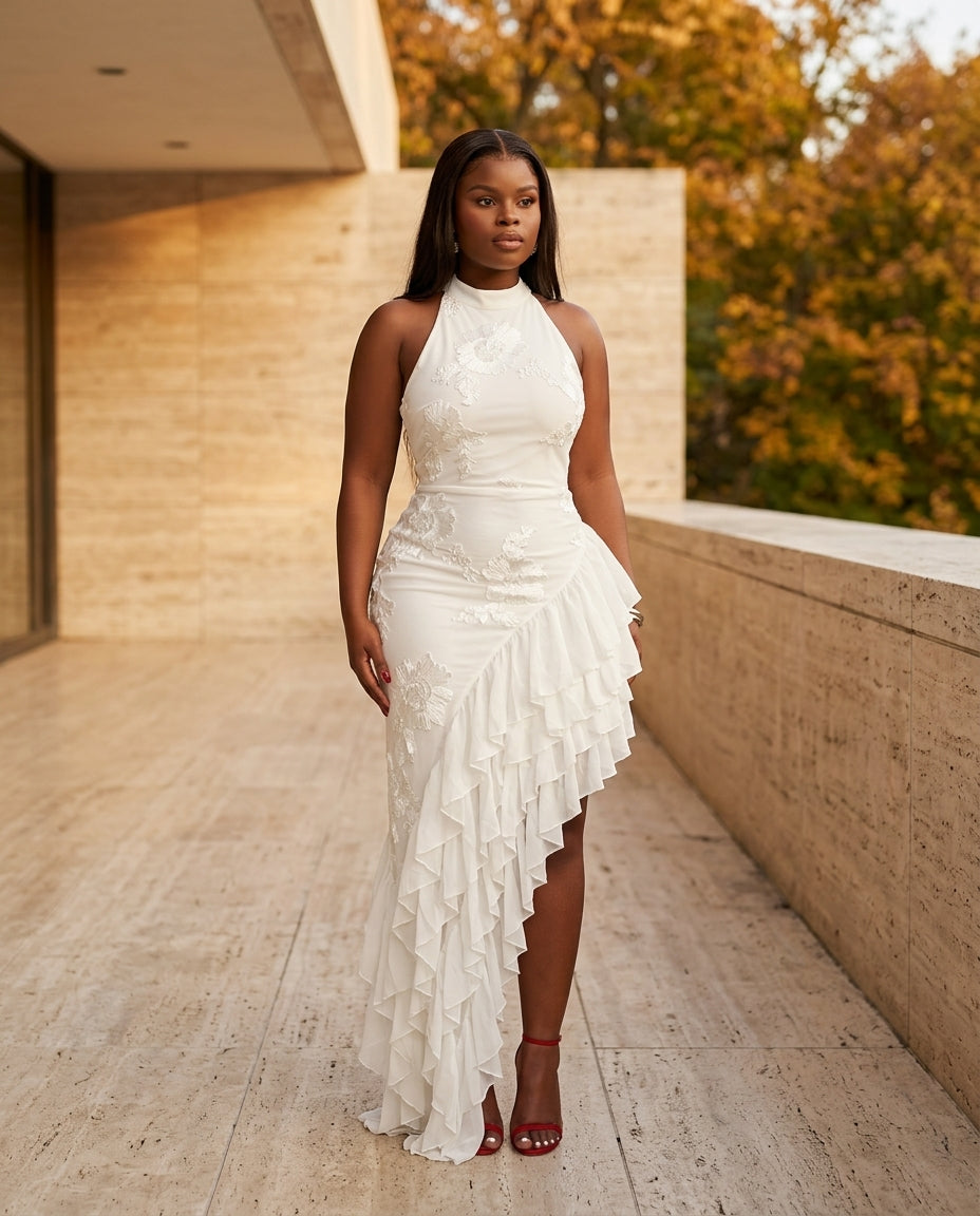 Ivory Bloom Evening Embroidered Maxi Dress Ivory Maxi Dress with Asymmetric silhouette and Textured texture, fabric and construction detail for City Dinner, a fall city dinner, Fall city dinners, cafe plans, gallery evenings, and polished weekend styling, by floravincie