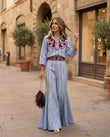 Light Blue Reverie Resort Embroidered Pant Set Light Blue Pant Set with Wide-Leg silhouette and Linen Blend texture, fabric and construction detail for Resort Wear, Evening in Amalfi, Euro Chic Premium