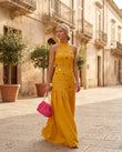 Butter Yellow Reverie Summer Embroidered Maxi Dress Butter Yellow Maxi Dress with Relaxed Fit silhouette and Textured texture, fabric and construction detail for Rooftop Brunch, an estate dinner at golden hour, US East / Hamptons Elite by floravincie