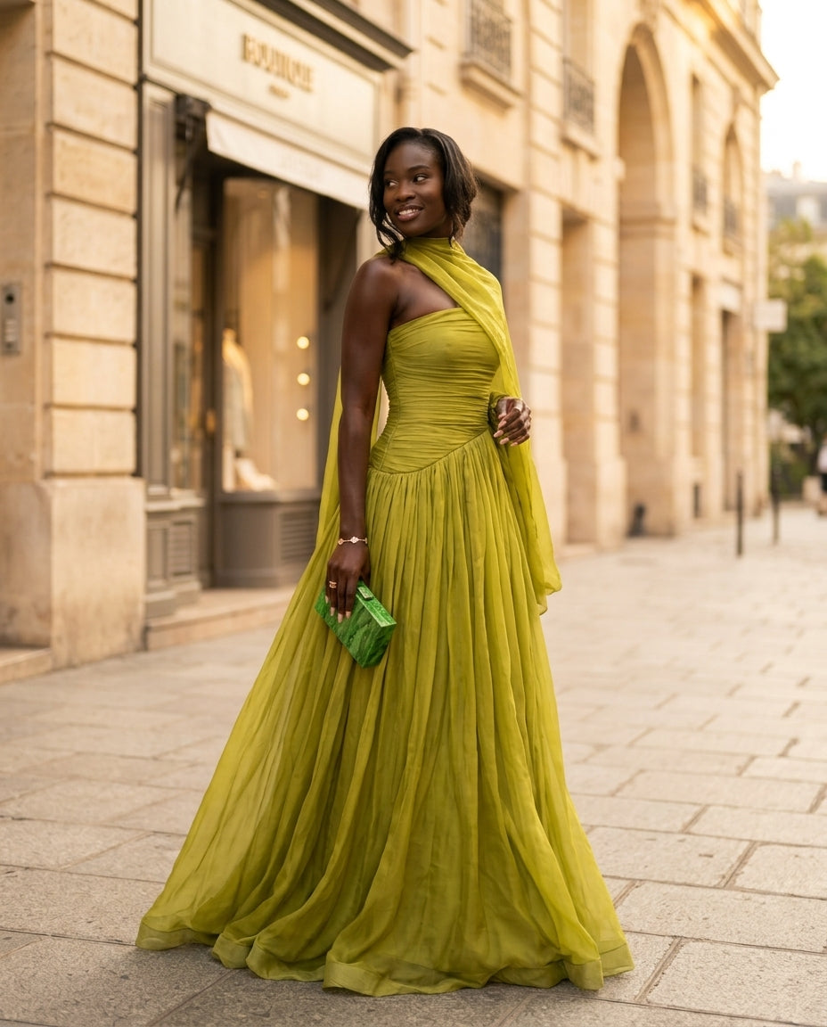 Sage Solace Evening Ruched Maxi Dress Sage Maxi Dress with Asymmetric silhouette and Textured texture, fabric and construction detail for Date Night, an estate dinner at golden hour, US East / Hamptons Elite by floravincie