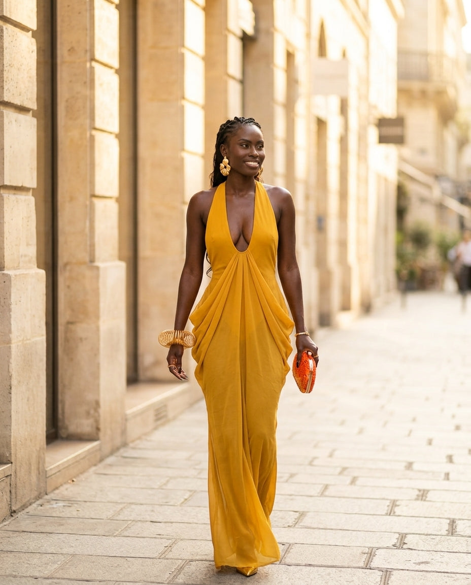 Mustard Yellow Gleam Evening Halter Maxi Dress Mustard Yellow Maxi Dress with Relaxed Fit silhouette and Textured texture, fabric and construction detail for Resort Wear, a polished coastal brunch, US East / Hamptons Elite by floravincie