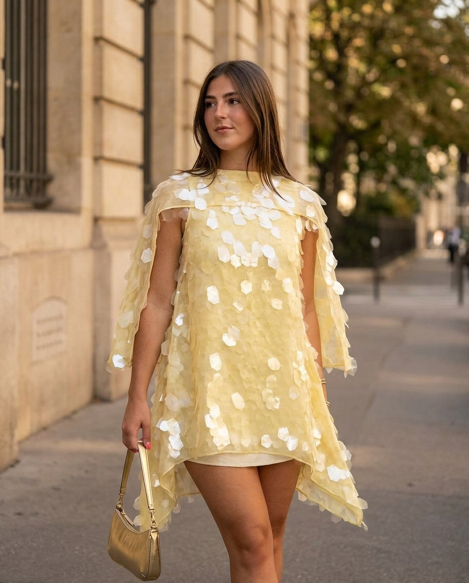 Butter Yellow Grace Evening Sheer Maxi Dress Butter Yellow Maxi Dress with Asymmetric silhouette and Textured texture, fabric and construction detail for Resort Wear, Evening in Amalfi, Euro Chic Premium by floravincie