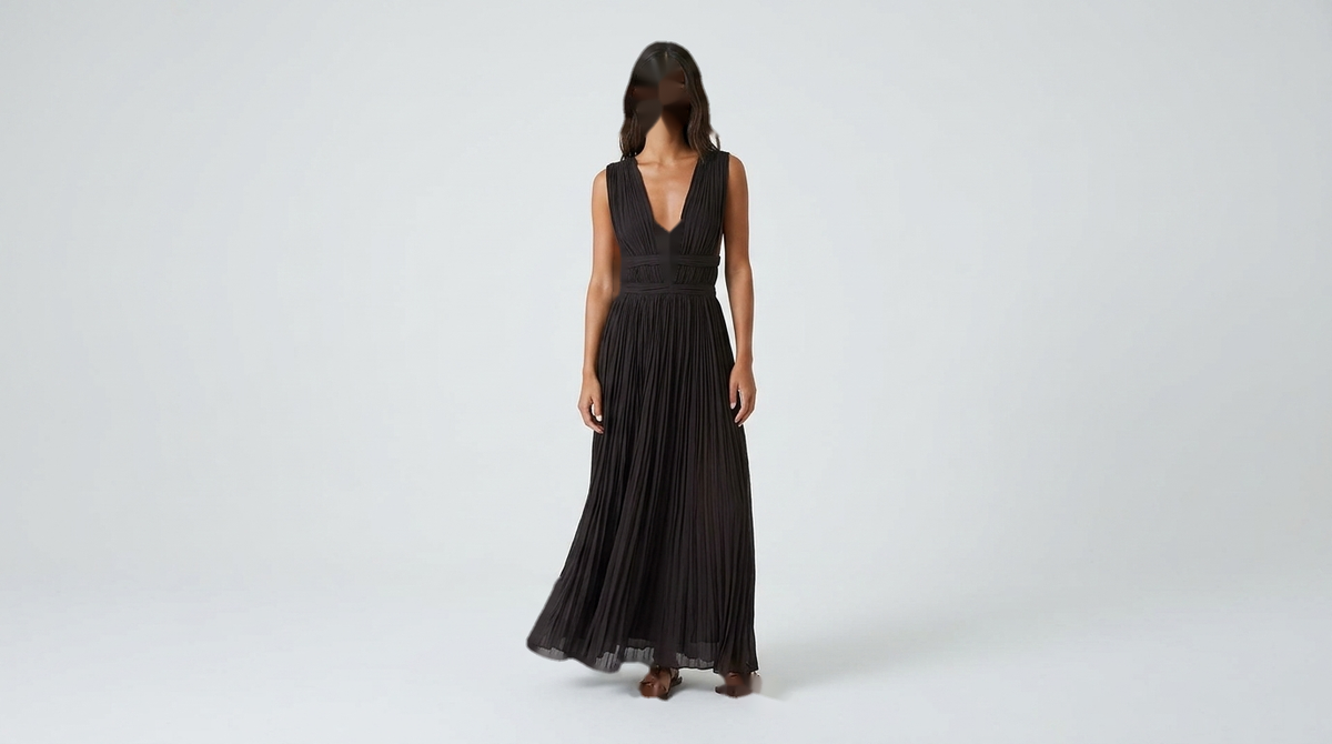 Black V-Neck Pleated Pleated Fabric Maxi Dress product image 7