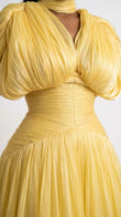 Butter Yellow Glow Evening Ruched Maxi Dress Butter Yellow Maxi Dress with Relaxed Fit silhouette and Textured texture, additional styling view for City Dinner, a cafe plan, Fall city dinners, cafe plans, gallery evenings, and polished weekend styling, US by floravincie