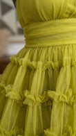 Lime Gleam Wedding Guest Tiered Mini Dress Lime Mini Dress with Flowing silhouette and Textured texture, additional styling view for Wedding Guest, a gallery evening, Fall current summer selling first with a light late-summer/pre-fall accent: make it wear by floravincie