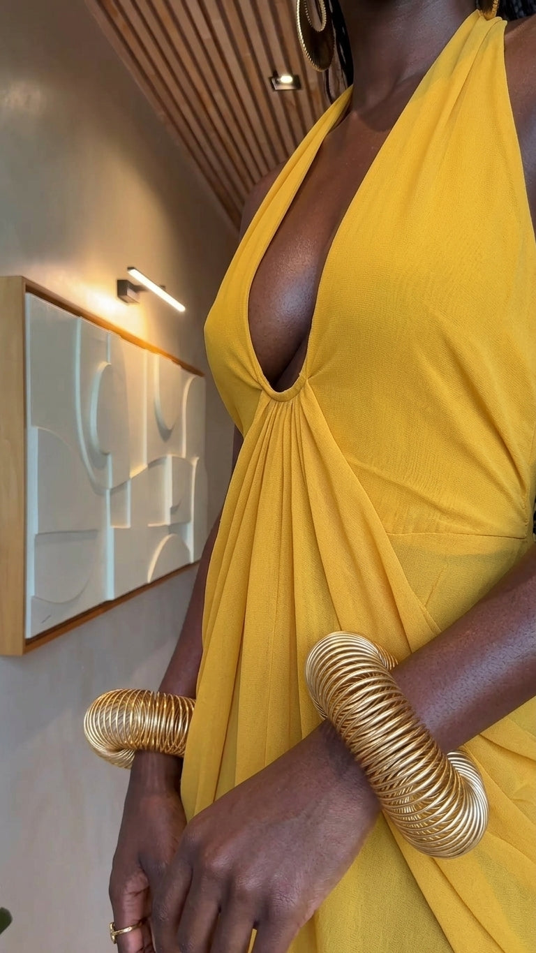 Mustard Yellow Gleam Evening Halter Maxi Dress Mustard Yellow Maxi Dress with Relaxed Fit silhouette and Textured texture, additional styling view for Resort Wear, a polished coastal brunch, US East / Hamptons Elite by floravincie