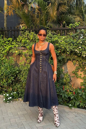 Women's Dark Indigo Denim Corset Midi Dress Button Down A-Line Fit