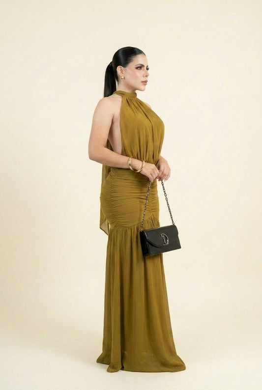 Women's Ruched Olive Chiffon Halter Maxi Dress for Evening Events