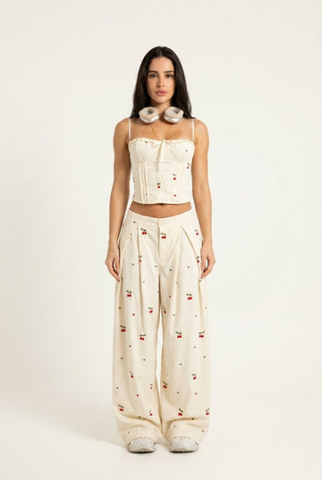 Women's Cherry Print Bustier Crop Top and Wide Leg Pants Set Coquette Vibe