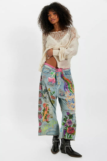 Women's Embroidered Wide Leg Jeans, High-Rise Artistic Light Wash Denim