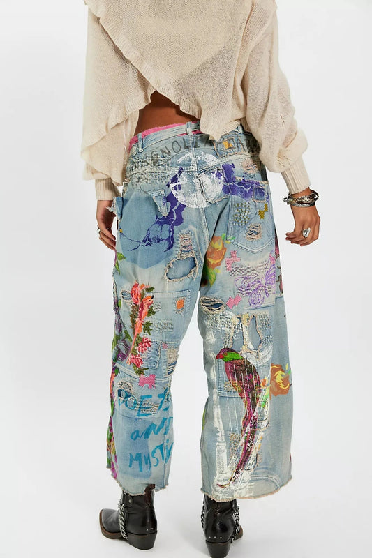 Women's Embroidered Wide Leg Jeans, High-Rise Artistic Light Wash Denim