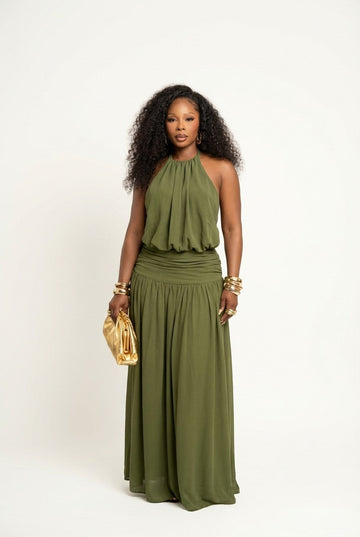 Women's Chiffon Halter Maxi Dress Ruched Waist Evening Gown