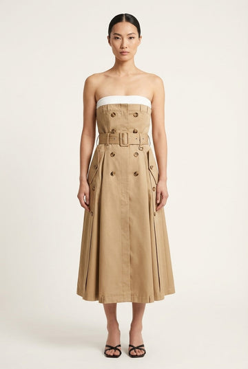 Women's Trench Style Cotton Strapless Midi Dress with Belt