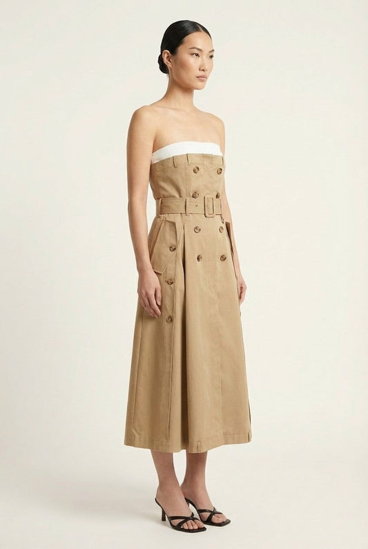 Women's Trench Style Cotton Strapless Midi Dress with Belt