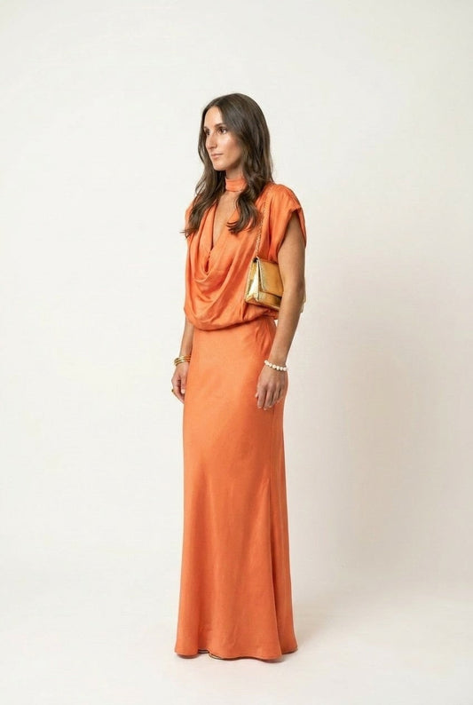 Women's Satin Cowl Neck Halter Maxi Dress, Elegant Formal Gown