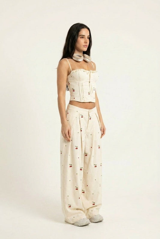 Women's Cherry Print Bustier Crop Top and Wide Leg Pants Set Coquette Vibe