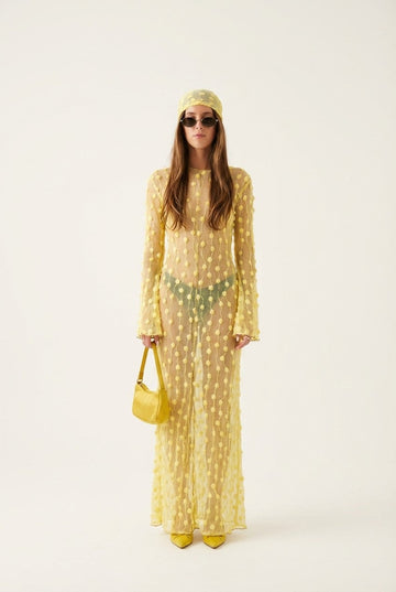 Women's Sheer Textured Pom-Pom Maxi Dress with Long Sleeves for Resort