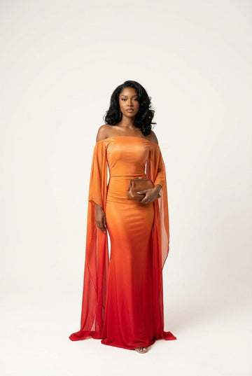 Women's Ombre Satin Maxi Dress Off-The-Shoulder Cape Sleeve Evening Gown