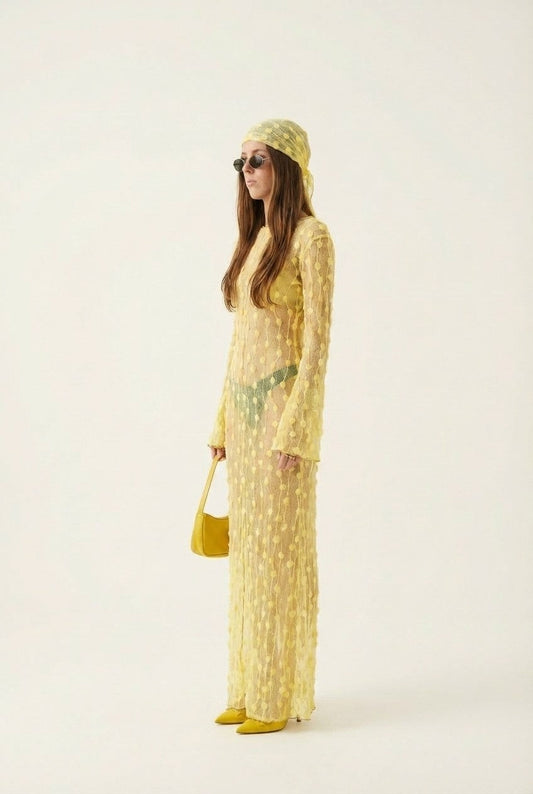 Women's Sheer Textured Pom-Pom Maxi Dress with Long Sleeves for Resort
