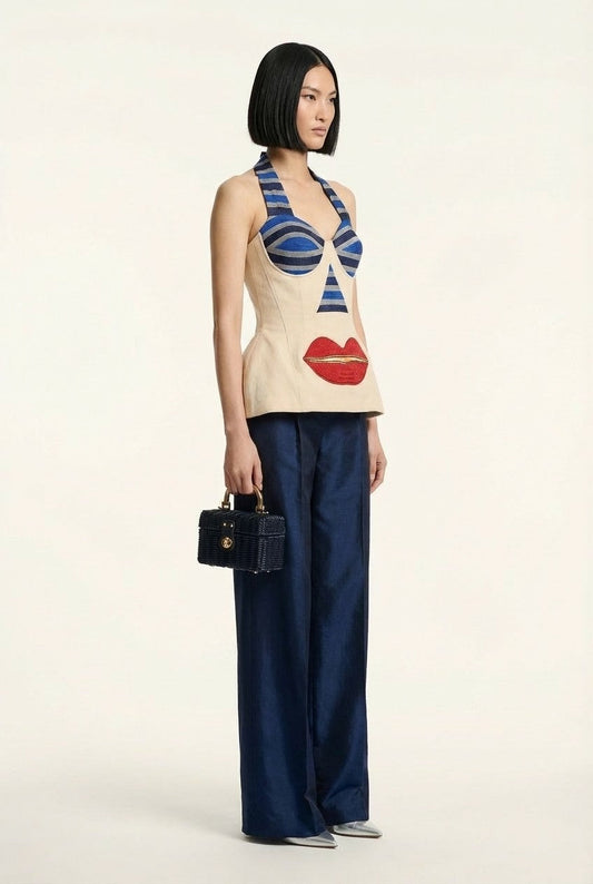 Women's Surrealist Embroidered Halter Blouse and Wide Leg Pants Set