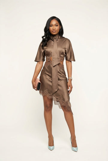 Women's Satin Lace Cut-Out Mini Dress with Tie Neck Cocktail Style
