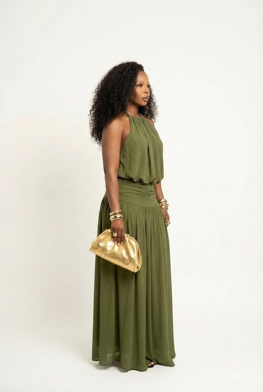 Women's Chiffon Halter Maxi Dress Ruched Waist Evening Gown