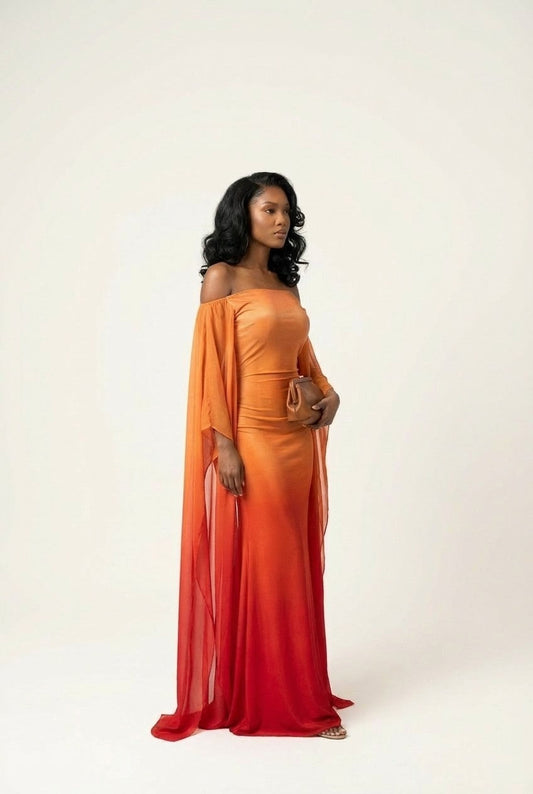 Women's Ombre Satin Maxi Dress Off-The-Shoulder Cape Sleeve Evening Gown