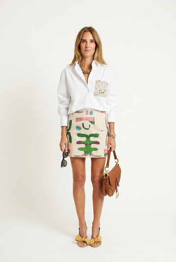 Women's White Cotton Poplin Shirt with Artistic Sequin Pocket Detail