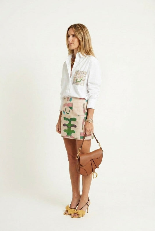 Women's White Cotton Poplin Shirt with Artistic Sequin Pocket Detail