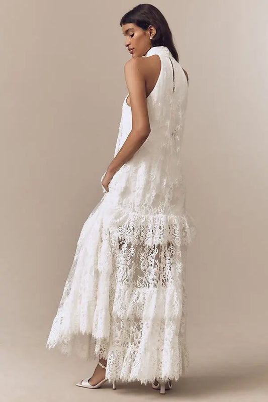 Lace halter ruffle peekaboo maxi dress