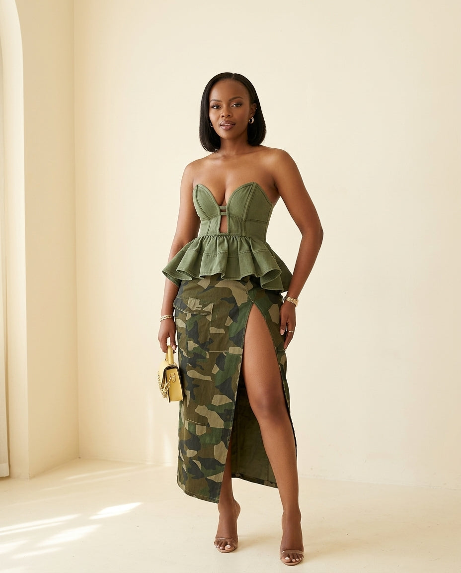 Sage Eyelet Sweetheart Two-Piece Set "Lucia" Sage Two-Piece Set with Asymmetric silhouette and Textured texture, front view product image for Vacation Set, a London dinner reservation, Euro Chic Premium