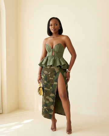 Sage Eyelet Sweetheart Two-Piece Set "Lucia" Sage Two-Piece Set with Asymmetric silhouette and Textured texture, front view product image for Vacation Set, a London dinner reservation, Euro Chic Premium
