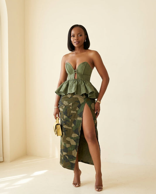 Sage Eyelet Sweetheart Two-Piece Set "Lucia" Sage Two-Piece Set with Asymmetric silhouette and Textured texture, front view product image for Vacation Set, a London dinner reservation, Euro Chic Premium