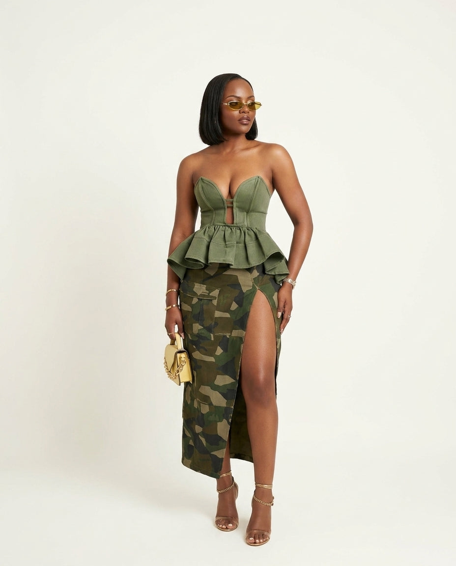 Sage Eyelet Sweetheart Two-Piece Set "Lucia" Sage Two-Piece Set with Asymmetric silhouette and Textured texture, clean studio product view for Vacation Set, a London dinner reservation, Euro Chic Premium