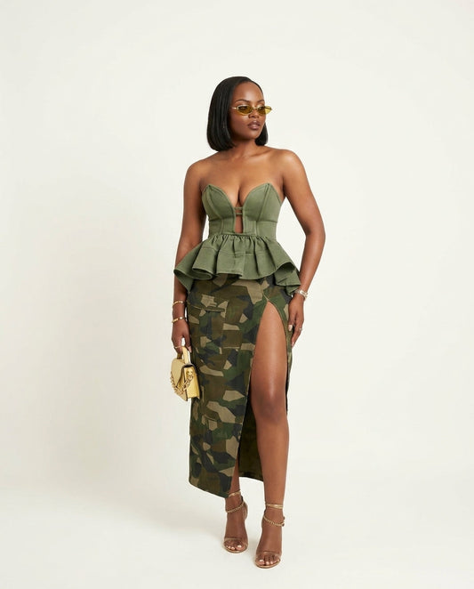 Sage Eyelet Sweetheart Two-Piece Set "Lucia" Sage Two-Piece Set with Asymmetric silhouette and Textured texture, clean studio product view for Vacation Set, a London dinner reservation, Euro Chic Premium
