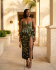Sage Eyelet Sweetheart Two-Piece Set "Lucia" Sage Two-Piece Set with Asymmetric silhouette and Textured texture, lifestyle scene image for Vacation Set, a London dinner reservation, Euro Chic Premium