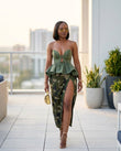 Sage Eyelet Sweetheart Two-Piece Set "Lucia" Sage Two-Piece Set with Asymmetric silhouette and Textured texture, outdoor styling image for Vacation Set, a London dinner reservation, Euro Chic Premium