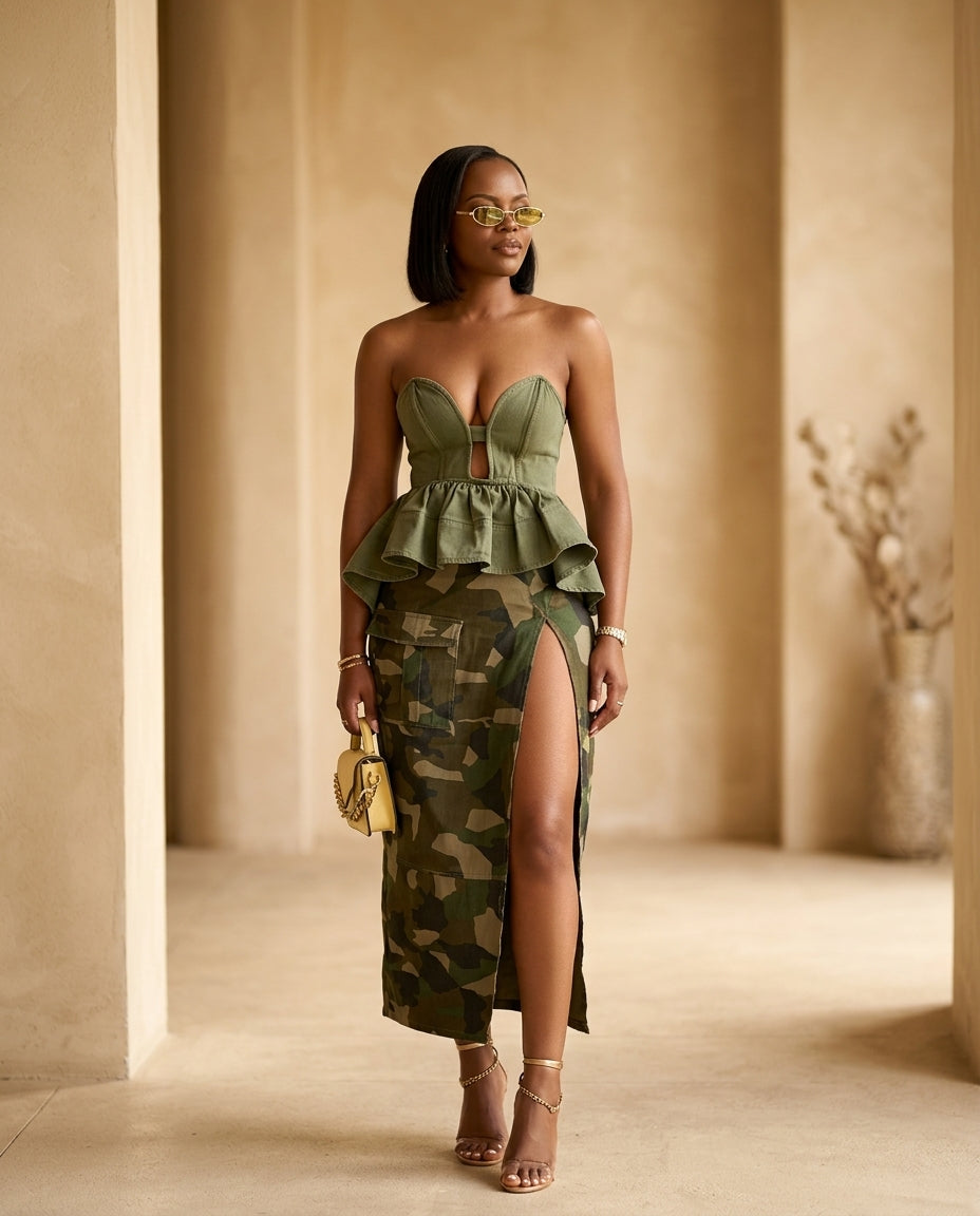 Sage Eyelet Sweetheart Two-Piece Set "Lucia" Sage Two-Piece Set with Asymmetric silhouette and Textured texture, editorial ecommerce scene for Vacation Set, a London dinner reservation, Euro Chic Premium