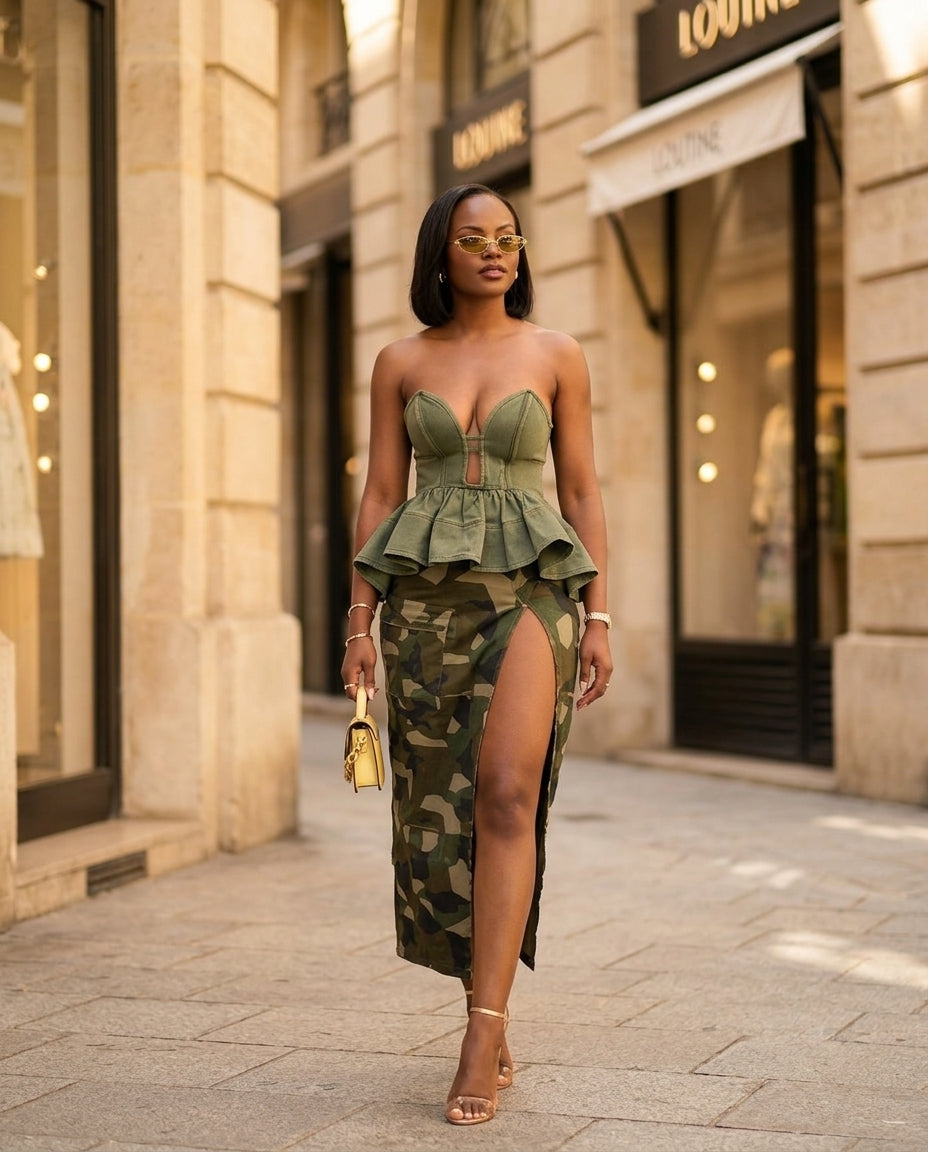 Sage Eyelet Sweetheart Two-Piece Set "Lucia" Sage Two-Piece Set with Asymmetric silhouette and Textured texture, fabric and construction detail for Vacation Set, a London dinner reservation, Euro Chic Premium