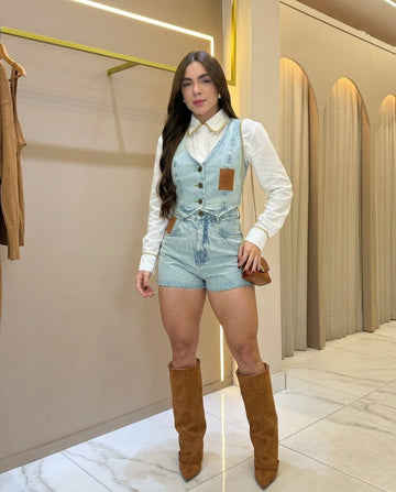 Light Wash Denim Eyelet V-Neck Jacket "Sabine" Light Wash Denim Jacket with Cropped silhouette and Textured texture, front view product image for Travel Layer, a gallery opening in Paris, Euro Chic Premium