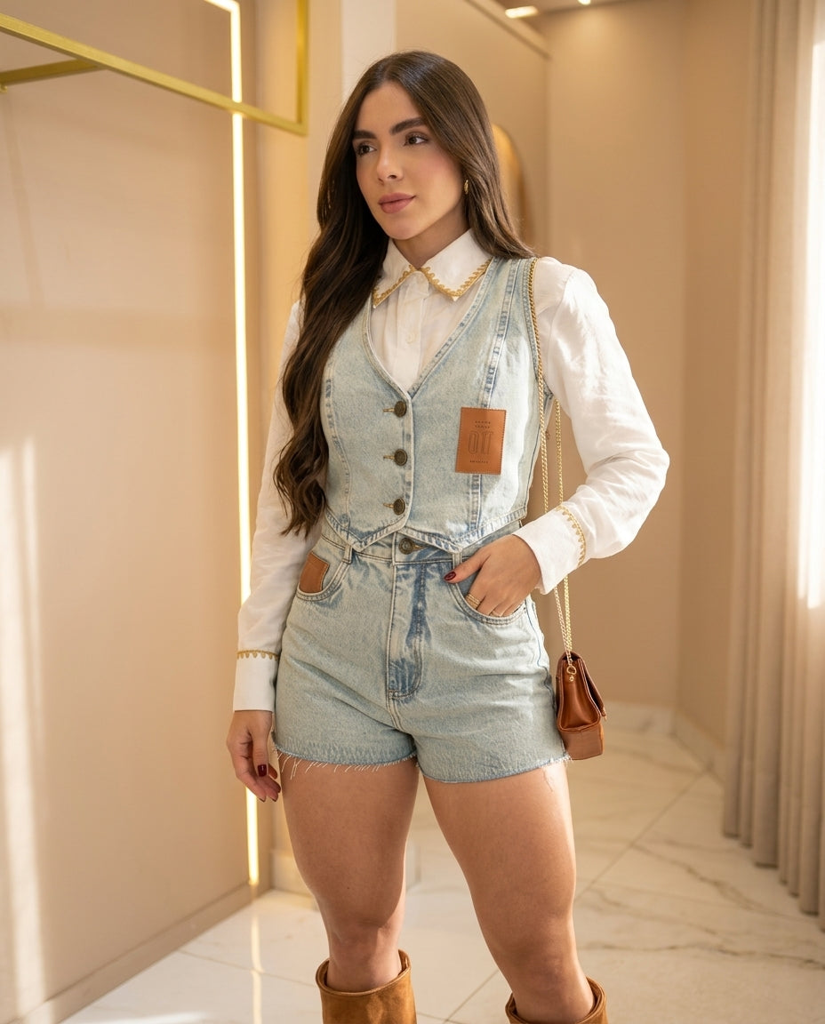 Light Wash Denim Eyelet V-Neck Jacket "Sabine" Light Wash Denim Jacket with Cropped silhouette and Textured texture, editorial ecommerce scene for Travel Layer, a gallery opening in Paris, Euro Chic Premium
