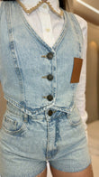 Light Wash Denim Eyelet V-Neck Jacket "Sabine" Light Wash Denim Jacket with Cropped silhouette and Textured texture, additional styling view for Travel Layer, a gallery opening in Paris, Euro Chic Premium