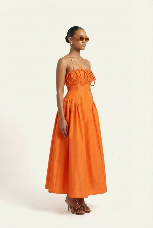 Women's Orange Taffeta Halter Dress with Loop Neckline Cocktail Midi