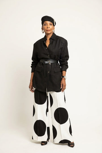 Women's Structured Cotton-Blend Shirt and Polka Dot Pants Set, Chic Monochrome
