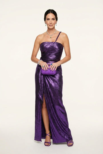 Women's Metallic Shimmer One Shoulder Gown With Slit For Formal Evening
