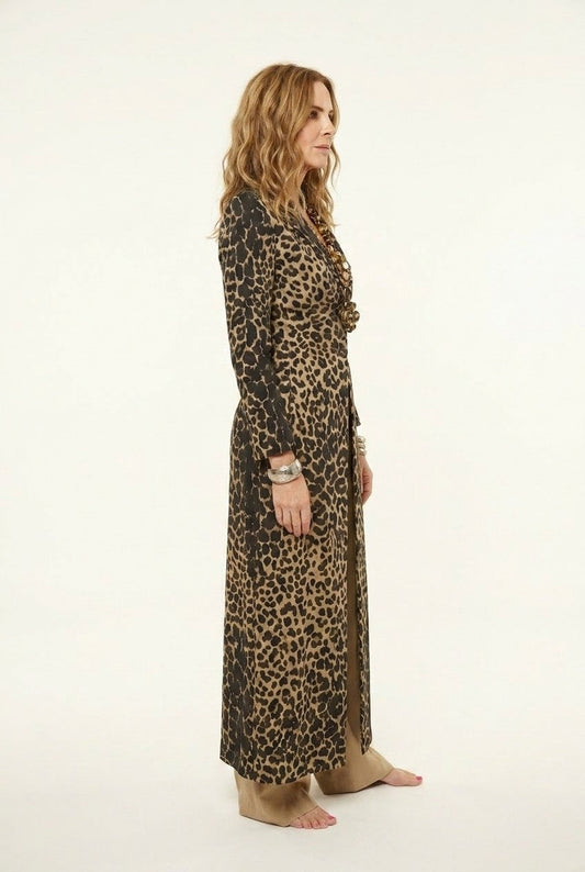 Women's Leopard Print Tailored Maxi Coat Bold Statement Outerwear