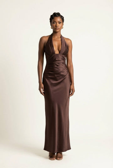Women's Satin Halter Maxi Dress Ruched Plunge Evening Gown