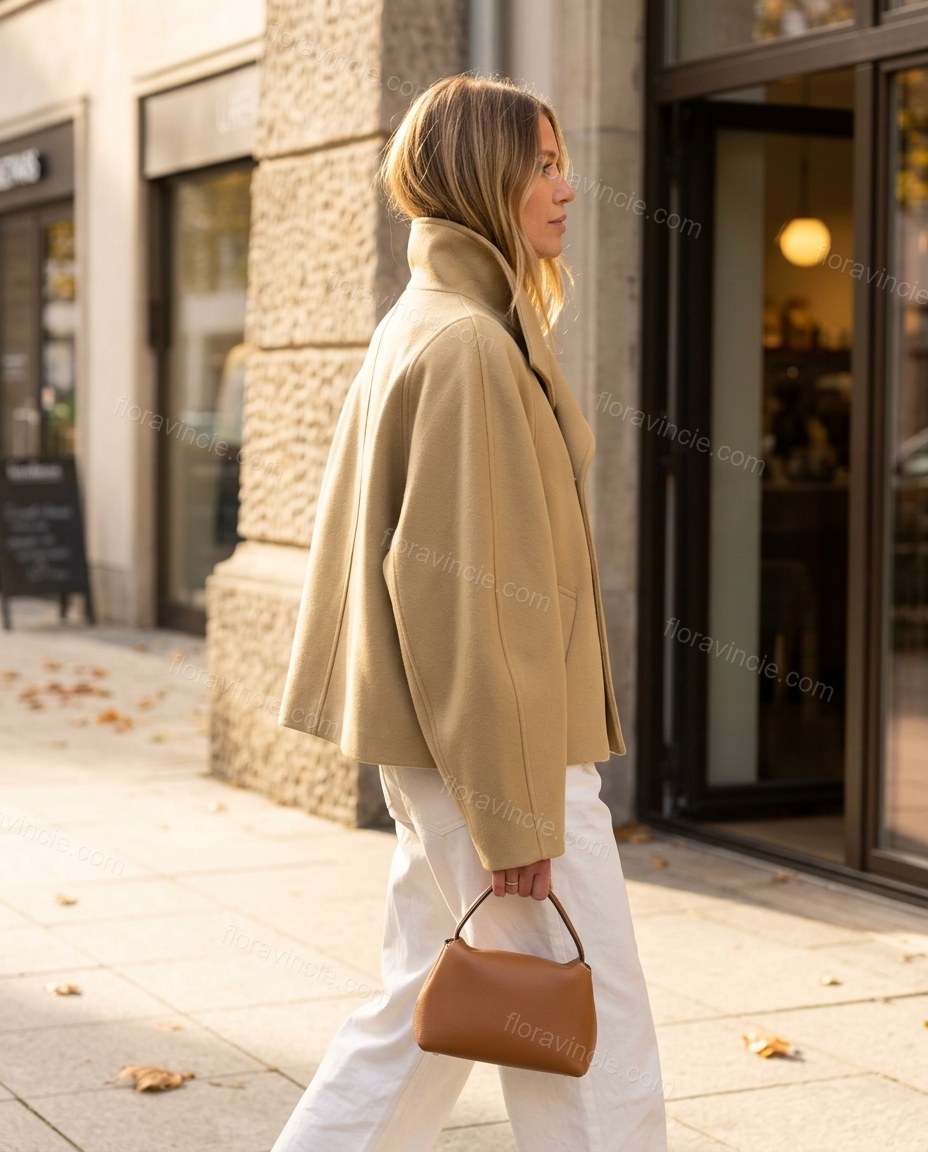 Beige Jacket, movement and fit lifestyle view, by Floravincie
