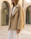 Beige Jacket, three-quarter brand lifestyle view, by Floravincie