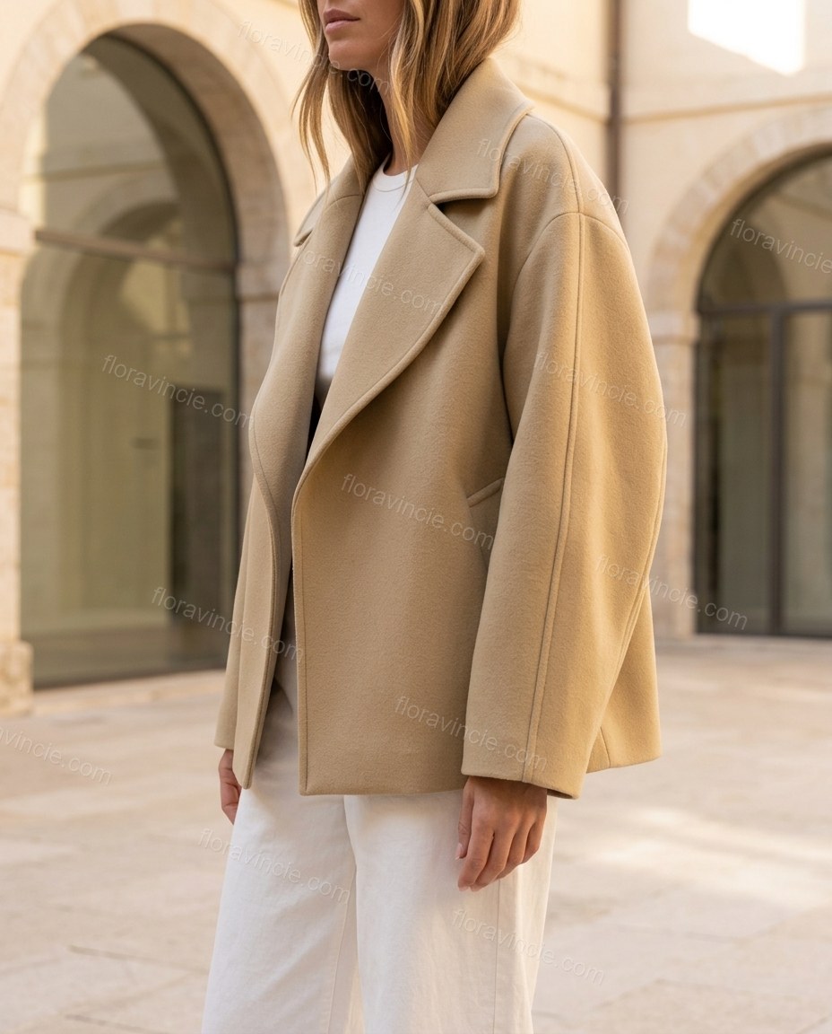 Beige Jacket, three-quarter brand lifestyle view, by Floravincie